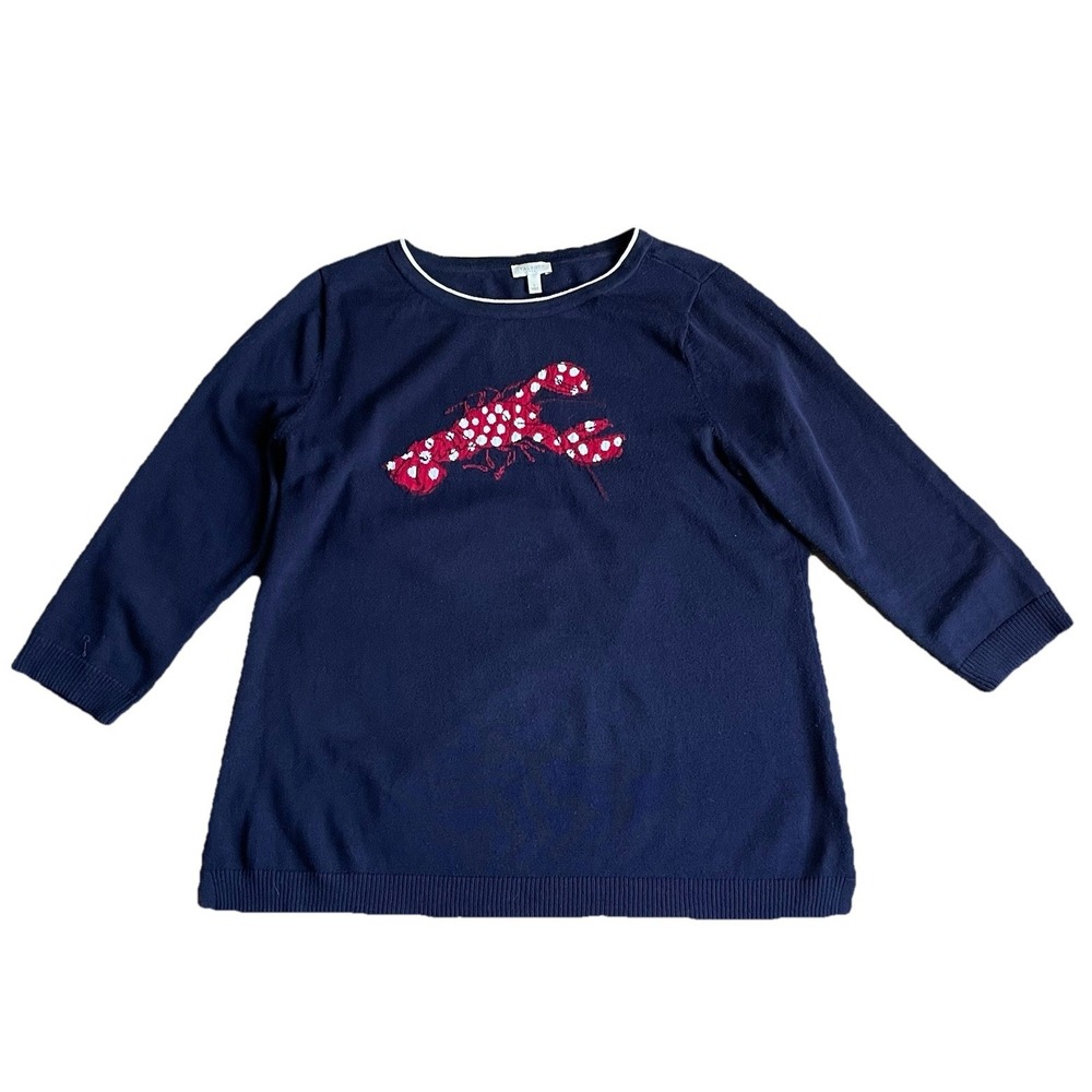 Talbots Lobster Sweater Womens Large Navy Cotton 3/4 Sleeve Polka Dots Losterman